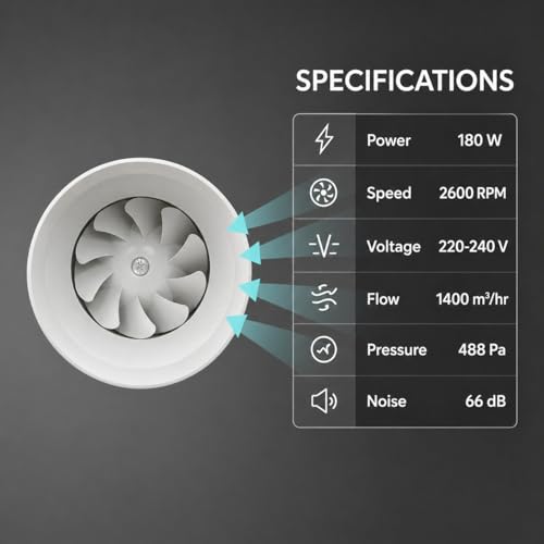 Image of Inline fan (10 inch /250mm) Silent Mix Flow /Inline Duct Fan /Exhaust Inline /Circular Inline Fan /Air Circulation System /Fresh Air System, White 2 Speed | 180W |Air Flow 1400m3 /h | Copper Motor