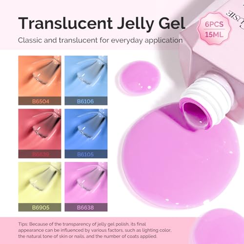 Image of MelodySusie Jelly Gel Nail Polish Set,6 Transparent Colors,Milky or Jelly Texture,Pastel Rainbow Colors Soak Off UV LED Light Cure or Salon Manicure and Nail Art DIY at Home 15ML 0.3Fl Oz