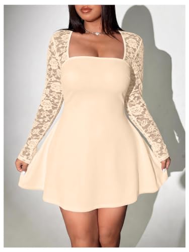 Image of Floerns Women's Plus Size Lace Sheer Long Sleeve Square Neck Mini Dresses