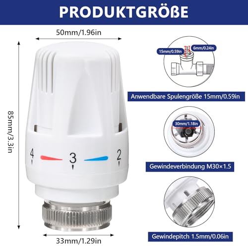 Valve Technik Thermostatkopf Heizungsthermostat Heizkörperthermostat Heizungsregler Heizkörperventil für Gewinde M30x1,5 für Büro und Zuhause (6 Stück)
