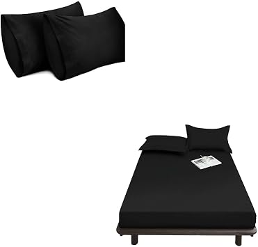 Lirex Cotton Full Fitted Sheet Bundle,300 Thread Count Full Fitted Sheet and 2pk Queen Size Pillow Cases, 8-10" Deep Pocket Sheet for Hotel Home, Black