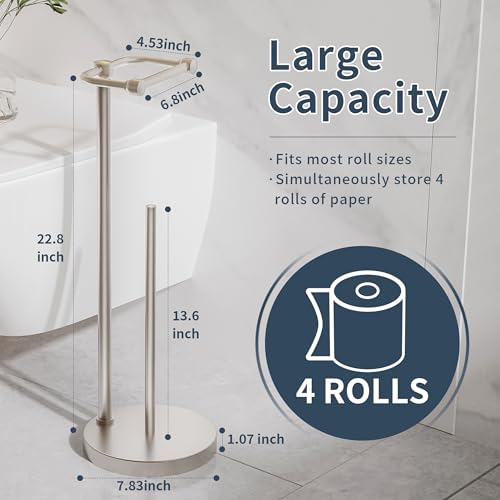Image of RARXTR Toilet Paper Holder Stand, Post Pivoting Design Free Standing Toilet Paper Holder with Storage for 4 Rolls, SUS304 Stainless Steel Tissue Holder with Reserve, Heavy-Duty Base (Brushed Nickel)