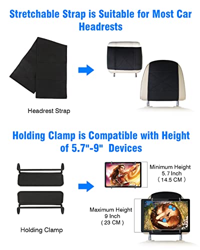 WONNIE Upgrade Tablet Holder for Car, Car Headrest Mount Holder for Back Seat, Car Tablet Mount for Kids with Silicone Strap & Anti-Slip Holding Clamps, Fits All 10-12.9" Tablets