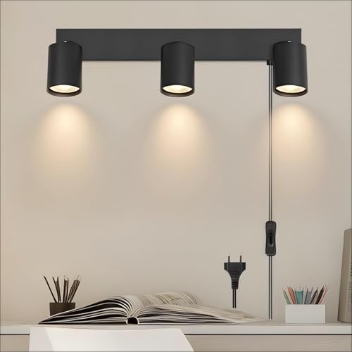 Kambo GU10 3 Luces Aplique pared interior negro, Lámpara de ajustable 350° con interruptor, Lamparas de aleación aluminio para dormitorio, sala de estar, pasillo, mesita de noche