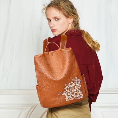 Image of BOYATU Genuine Leather Backpack for Women: Elegant Floral Designer Purse - Small Shoulder Bag for Travel (Brown)