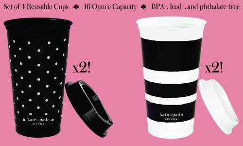 Kate Spade New York Black/White Reusable Coffee Cups With Lids, Travel Tumbler Set Of 4, 16Oz Bpa-Free Plastic Cups With Lids, Coffee Mugs For Hot Or Cold Drinks, Dots And Stripes #TOP1