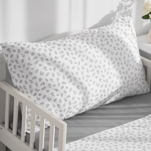 Image of Biloban 3-Piece Toddler Sheet Set Microfiber, Toddler Bedding Set Includes Crib Mattress Sheet, Flat Sheet and Envelope Pillowcase, Silky Soft, Breathable and Lightweight, Grey & Leaf
