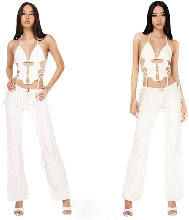 Women's Sexy Cut Out Deep V Neck Halter Crop Top Sleeveless Criss Cross Tank Top Tie Up Backless Cami Crop Top White - Image 7