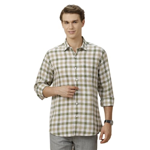 Image of Linen Club Men's Pure Linen Blue Checked Contemporary Fit Half Sleeve Casual Shirt