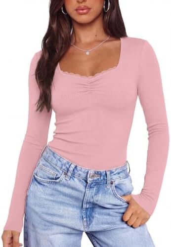 Aottori Langarmshirt Damen V-Ausschnitt Spitze Shirt Basic Gerippt Slim Fit | Longsleeve, Pullover Dünn, Top, Einfarbig, Herzförmiger Ausschnitt, Klassisch, Elegant, Stretch, Casua