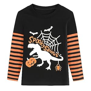 Toddler Little Boy Girl Halloween Shirt Pumpkin Face Glow in The Dark Skeleton Dinosaur Tshirt Long Sleeve Kid Tee Top