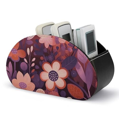 Support de télécommande motif floral violet foncé 5 compartiments en cuir