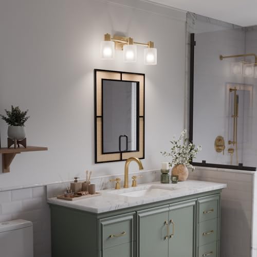 Image of Globe Electric 3-Light Vanity Light, Matte Brass, Frosted Ribbed Glass Shades