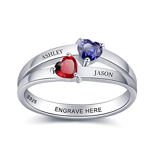 Glamcarat Personalized Mothers Ring 2 Birthstones Sterling Silver Customized Engraved Heart Shaped Jewelry For Women Promise Ring For Her Name Ring (Sterling-Silver, 7) #TOP6