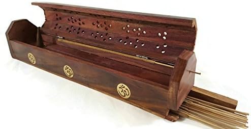 Coffin Box Om Incense Burner for Sticks & Cones, Wood, 12" Hand Carved From India.