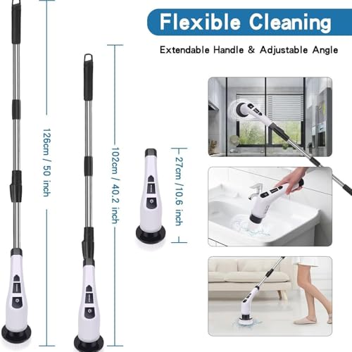 Image of Electric Spin Scrubber Cordless Electric Bathroom Scrubber with 9 Replaceable Brush Heads and Adjustable Handle Brushes for Cleaning bathrooms Suitable for Tiles Floors