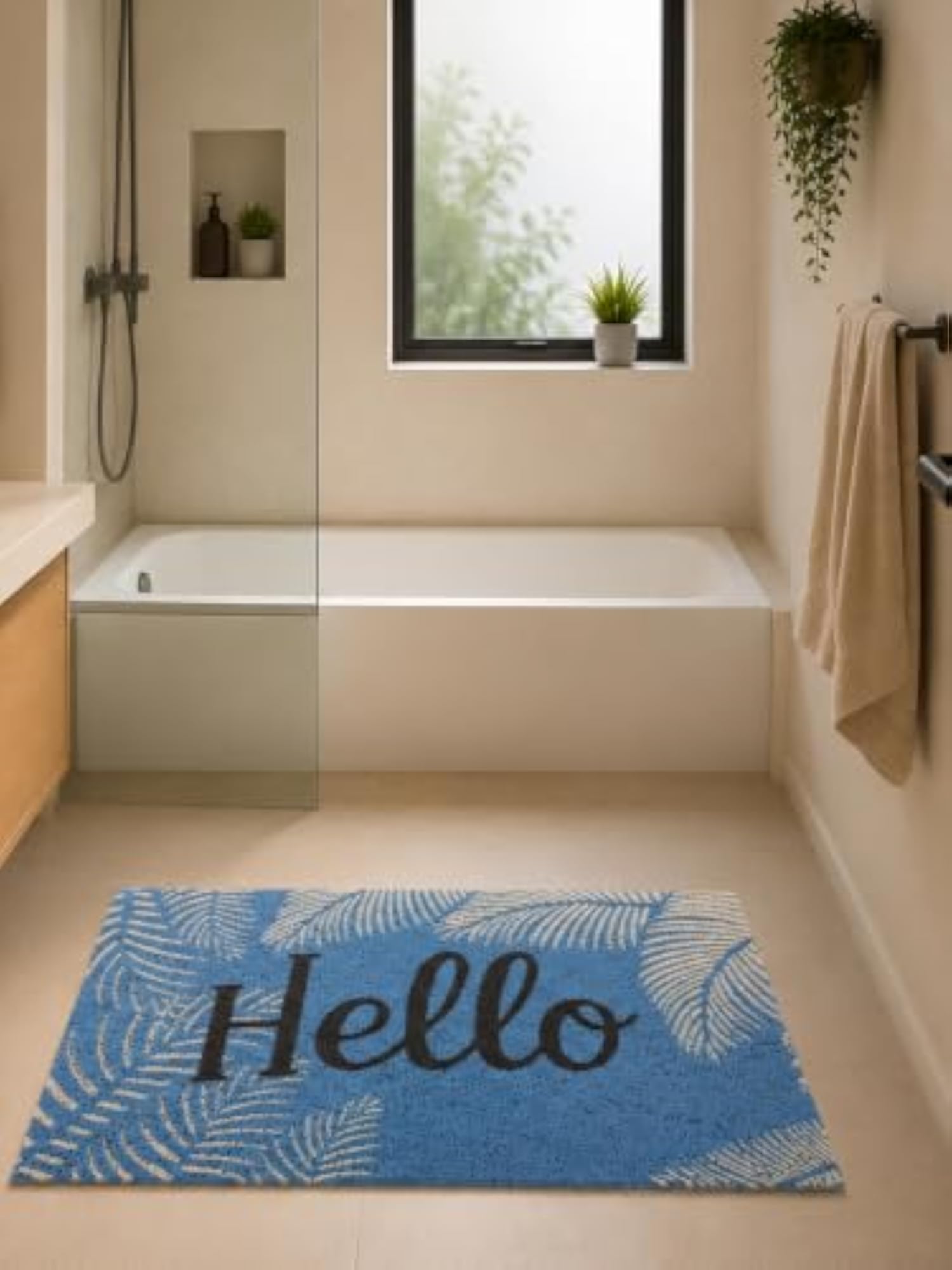 Hello Blue Bath Mat with Tropical Leaf Print, Soft and Absorbent