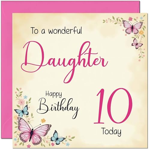 10th Daughter Birthday Card - Beautiful Butterfly Floral Daughters Birthday Card for 10 Year old Kids ten, tenth