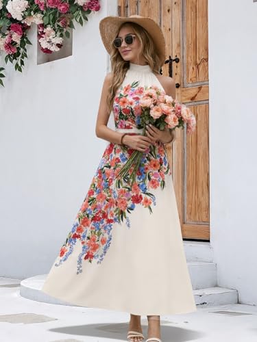 Womens Summer Floral Maxi Dress Halter Neck Sleeveless Sundresses Beach Vacation Wedding Guest Flowy Long Dresses with Belt — view 2