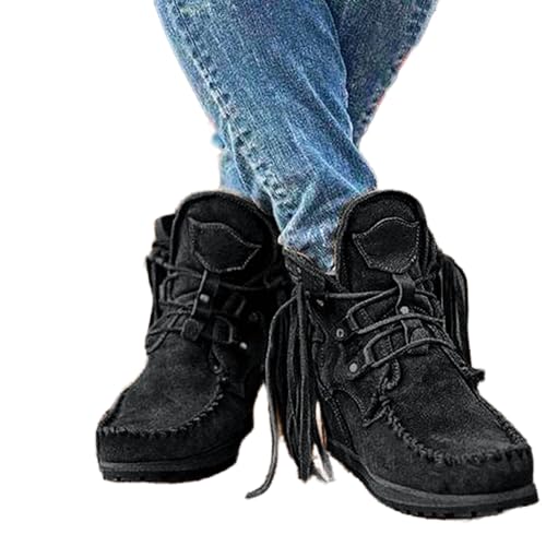 Fringe Moccasin Boots Women Vintage Platform Cowboy Short Suede Tassel Lace Up Wide Round Toe Chunky Ladies Ankle Boots With Fringes Ethnic Bohemian Low Heels Beach Slip On Dress Walking Shoes