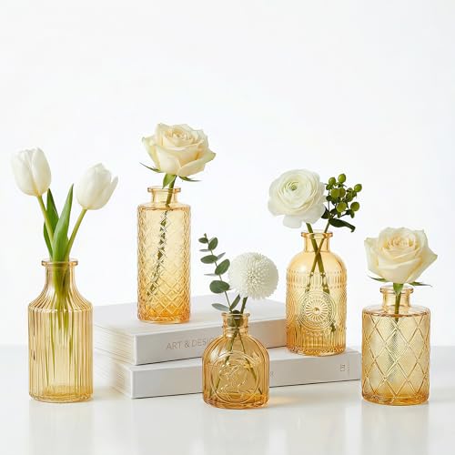5 Pcs Glass Bud Vases Set Gold Amber, Mini Flower Vase for Centerpieces, Small Vases in Bulk for Wedding Decorations, Vintage Vase for Table, Recepetion, Home Décor