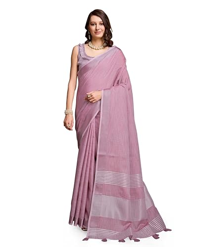Image of SWORNOF Women's Linen Cotton Silk Saree with Unstitched Blouse Piece | Saree for Women | Saree with Blouse Piece | Soft and Skin Friendly