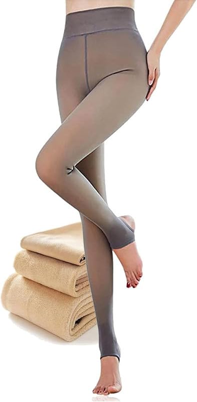 Women Fleece Lined Tights Winter Tights Fake Translucent Pantyhose Thermal Opaque High Waisted Sheer Stirrup Leggings_Grey,S-image-38