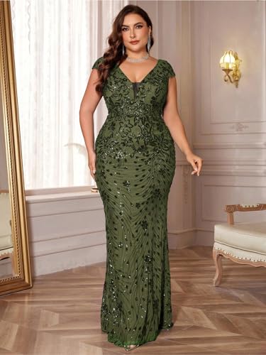 Image of Plus Size Womens Sequined Long Evening Gown Glamous Sleeveless V-Neck Mermaid Prom Dress for Wedding Party