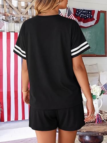 Image of VILOVE 4th of July 2 Piece Sequin Outfits Women 250 Anniversary Usa Shirts and Short Sets Casual Patriotic Shirt Summer Set