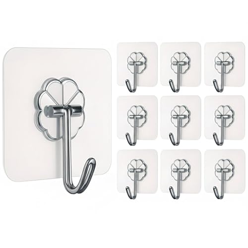 Image of KONVIO NEER Self Adhesive Wall Hanging Hooks (10 Pcs) | Heavy Duty Hanging Sticky Hooks for Kitchen, Bathroom, Decoration |Nail Free, Transparent Wall Hooks