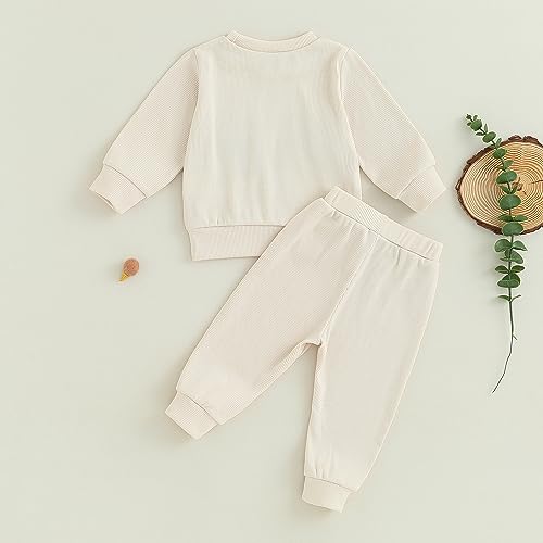 Bagilaanoe Infant Fall Winter Clothes Toddler Baby Boy Girl Outfit Long Sleeve Crewneck Sweatshirt Top and Pants Set (Beige, 0-6 Months)