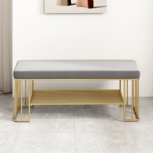 Banco de zapatos con asiento tapizado, zapatero moderno, almacenamiento largo en la entrada, elegante banco de tocador para pasillo, guardarropa y sala de estar
