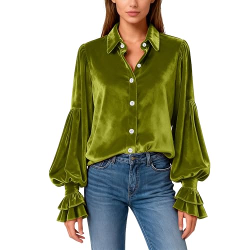 Velvet Tops for Women Button Down Shirts Vintage Long Bell Sleeve T Shirts Renaissance Tops Fashion Elegant Blouse Mint Green S