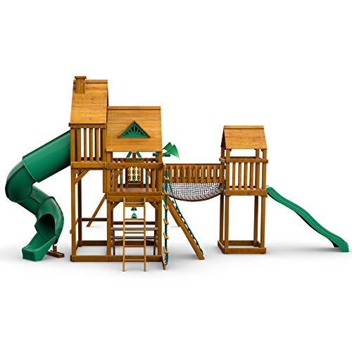 Gorilla Playsets 01-1021-Ap Treasure Trove I Wood Swing Set With Wood Roof, Clatter Bridge, And Rock Wall, Amber #TOP7