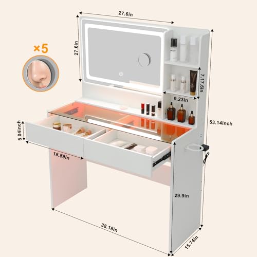 Image of Makeup Vanity Desk with LED Mirror & RGB Lights, Glass Top Vanity Table for Women, Adjustable Brightness & 3 Color Modes, 2 Drawers Storage, White Modern Bedroom Vanity Set