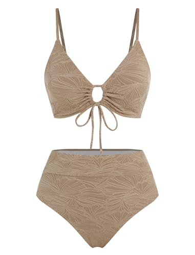 ZAFUL Bikini Sets for Women String 2 Piece Swimsuits High Rise Bathing Suit V Neck Cut Out Swim Suits 2025 Khaki L