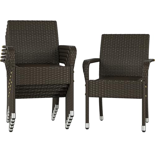 Abician Lot de 6 Chaises de Jardin en Rotin Synthétique Fauteuils Empilables d'Extérieur avec Accoudoirs Cadre en Métal Terrasse Véranda Balcon Salon Salle à Manger Marron