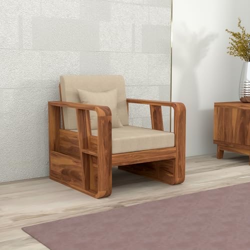 Image of Sheesham Wooden 1 Seater Sofa for Living Room | Solid Wood Sofa with Side Newspaper Holder | Rosewood Sofa Set for Home & Office | Lounge (Honey Finish, 1 Seater)