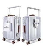 feilario 20" Aluminum Frame Wide Handle Hard Shell Carry On Suitcase - Vivid Colors Double Spinner Wheels Airline Approved Rolling Luggage with TSA Lock & Cup Holder (Silver, 20in)