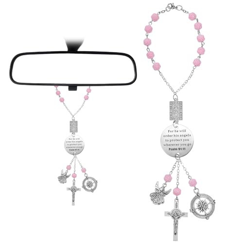 Pink Rosary for Car, Rear Mirror Hanging Accessories Bible Verse Car Cross Ornament, Christian & Catholic Cross Charm for Cars Rearview Mirror & Steering Wheel, Guardian Angel Gift for Women Mother