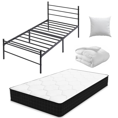 CEYIRO Ensemble Matelas 90x190 et Lit et Couette et Oreiller(Pack Matelas 90x190+Lit Métal avec Tête)