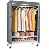 VIPEK R3C Portable Closet with Cover - Heavy Duty Freestanding Clothes Rack with Wheels & Hanging Rod & Side Hooks, 35.4' L x 15.7' W x 72.4' H, White Rack with Grey Upgraded Polyester Cover