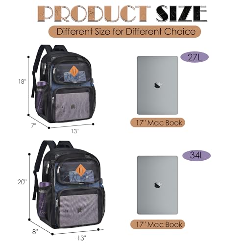 Mesh Backpack for School, Heavy Duty See Through Net Bookbag for Girls Boys Kids, 27L Large Capacity Mesh Bookbag for Beach Work Sports Travel with Padded Strap(Black)2