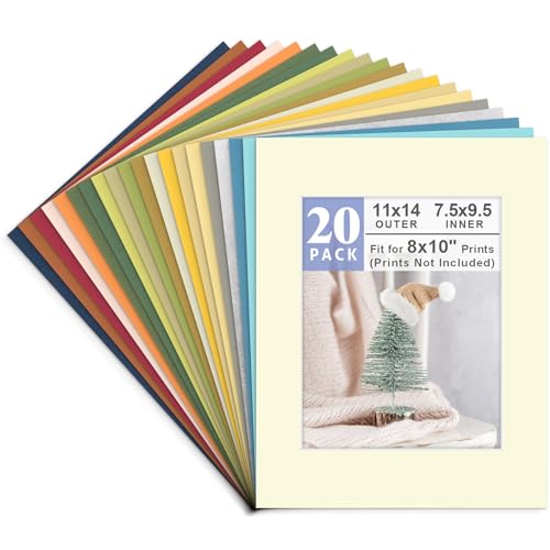 Golden State Art, Pack of 20 Mixed Colors 11x14 Picture Mats Matting with White Core Bevel Cut for 8x10 Pictures