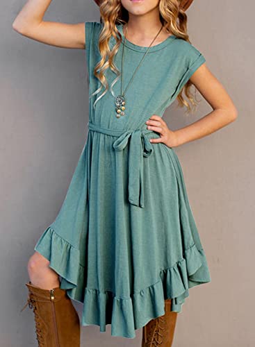 Blibean Girl Summer Boho Dress Tween Kid Short Sleeve Maxi Aline Swing Dresses Bohemian Solid Midi Flowy Clothes Vestido Niña Size 8-9 Years Large Green #TOP1