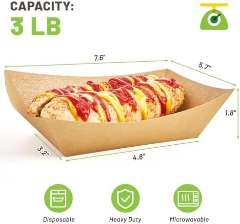 3 Lb Paper Food Trays - 50 Pack Disposable Nacho Trays, Kraft Paper Food Boats Taco Holders Party Serving Baskets for Hot Dogs Snacks Tacos Fries