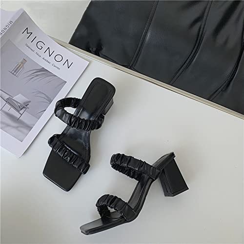 Womens Ruched Slides Sandals Square Open Toe Chunky Block Heeled Double Strap Slip On Backless Summer Shoes #TOP7