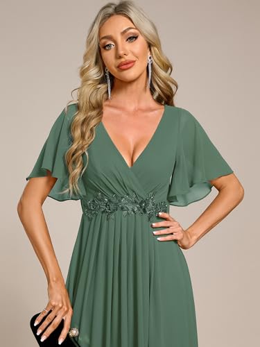 Image of Ever-Pretty Womens V Neck Applique Mother of the Bride Dresses Formal Dress | Chiffon, Short Sleeves, Ruched, A-Line, Bridesmaid Dresses, Formal Gown, Black Tie Dress