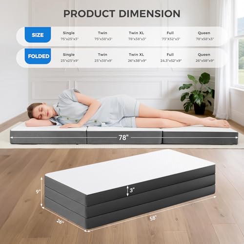 Image of MASVIS Trifold Mattress, 3 Inch Memory Foam Foldable Mattress with Washable Cover, Tri-Folding Floor Bed for Camping, Queen