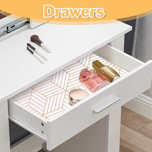 Shelf Liner for Kitchen Cabinets 11.8 x 236.2 in Drawer Liner Non Adhesive Paper Non-Slip Shelf Liners Thickened Easy to Clean for Tool Box Refrigerator with Knife and Tape Measure, Gold Geometric by Cismmy - Image 4